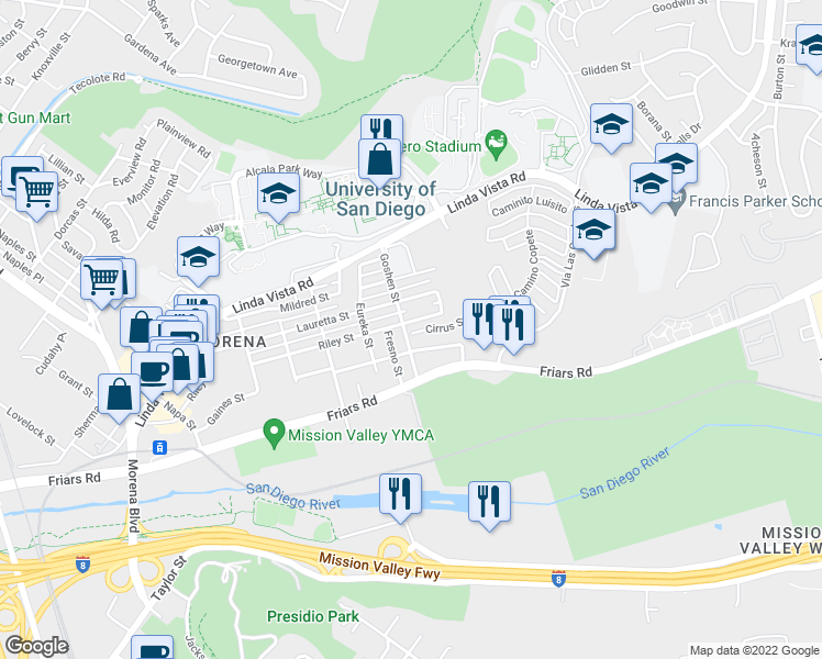 map of restaurants, bars, coffee shops, grocery stores, and more near 5968 Cirrus Street in San Diego