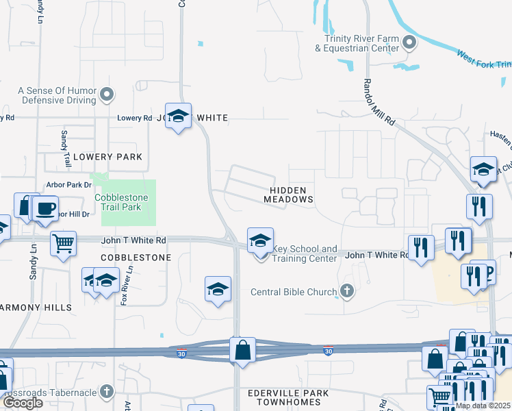 map of restaurants, bars, coffee shops, grocery stores, and more near 7952 Meadow View Tr in Fort Worth