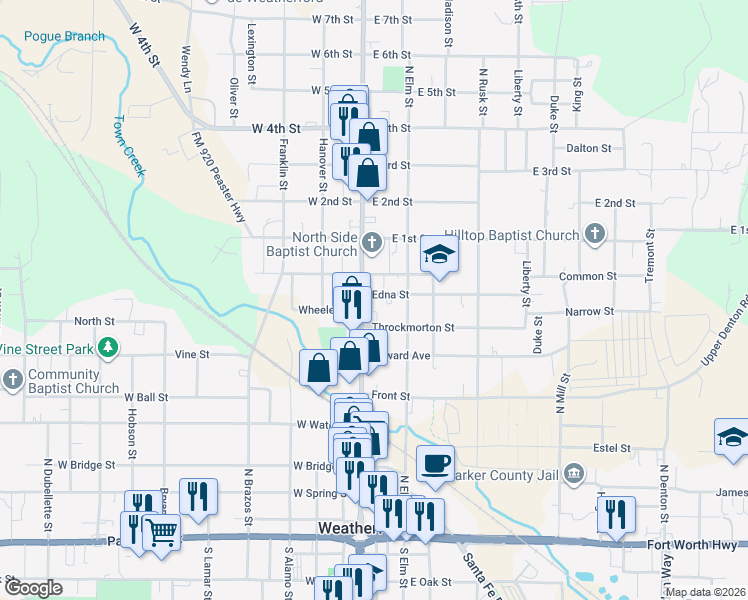 map of restaurants, bars, coffee shops, grocery stores, and more near 712 North Main Street in Weatherford