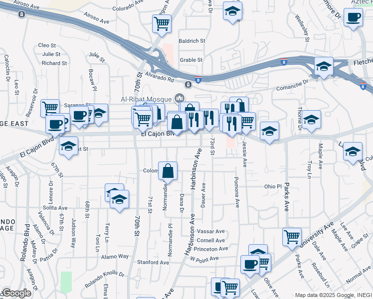map of restaurants, bars, coffee shops, grocery stores, and more near 7231 Amherst Street in La Mesa