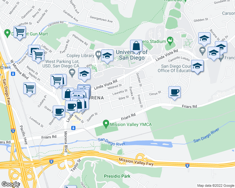 map of restaurants, bars, coffee shops, grocery stores, and more near 5653 Lauretta Street in San Diego