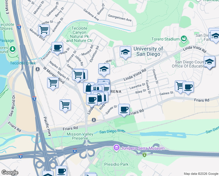 map of restaurants, bars, coffee shops, grocery stores, and more near 5411 Linda Vista Road in San Diego