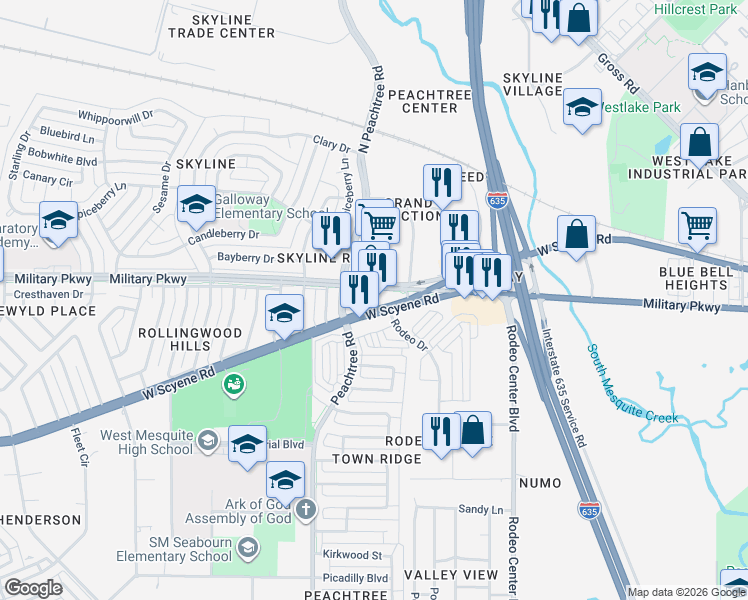 map of restaurants, bars, coffee shops, grocery stores, and more near 1940 Military Parkway in Mesquite