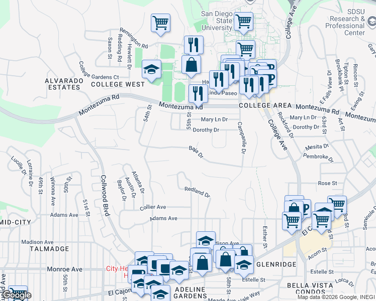 map of restaurants, bars, coffee shops, grocery stores, and more near 5519 Baja Drive in San Diego