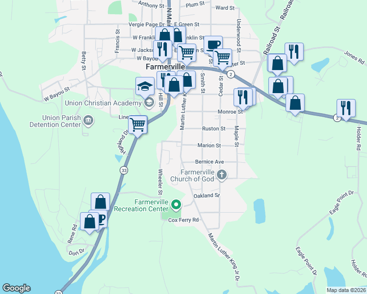 map of restaurants, bars, coffee shops, grocery stores, and more near 701 Martin Luther King Junior Drive in Farmerville