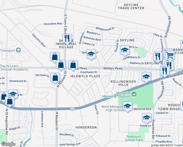 map of restaurants, bars, coffee shops, grocery stores, and more near 2729 Cresthaven Dr in Mesquite
