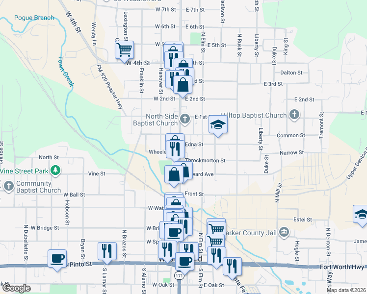 map of restaurants, bars, coffee shops, grocery stores, and more near 712 North Main Street in Weatherford