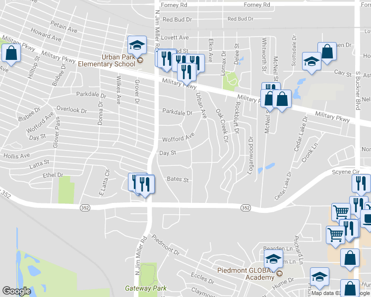 map of restaurants, bars, coffee shops, grocery stores, and more near 7059 Day Street in Dallas
