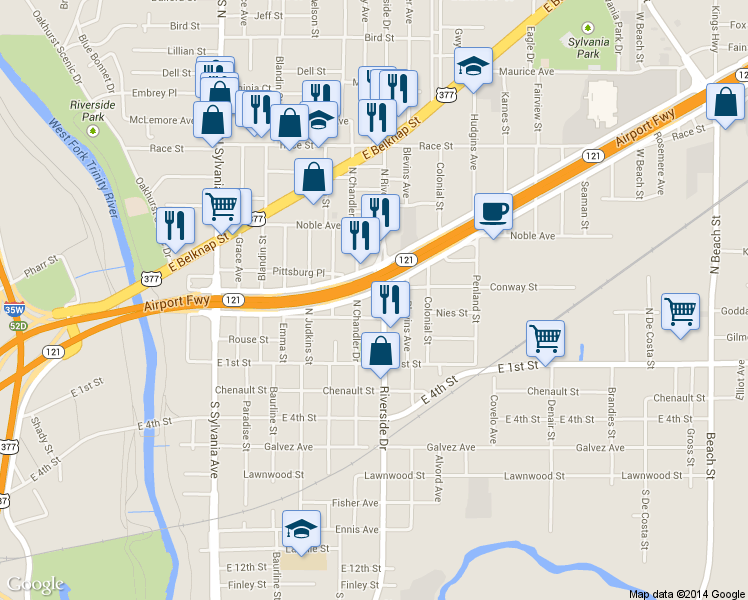 map of restaurants, bars, coffee shops, grocery stores, and more near 213 North Riverside Drive in Fort Worth