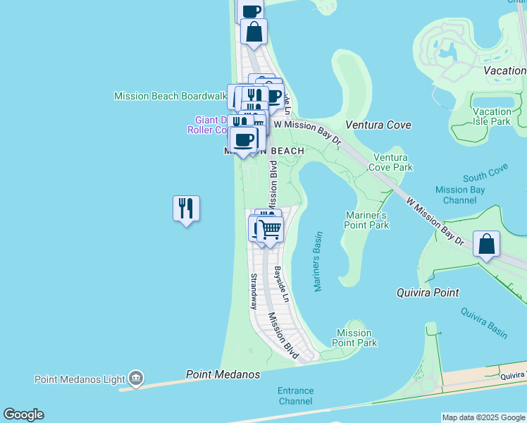 map of restaurants, bars, coffee shops, grocery stores, and more near 735 San Fernando Place in San Diego