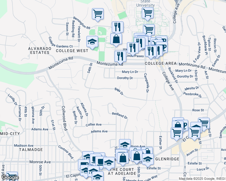 map of restaurants, bars, coffee shops, grocery stores, and more near 5513 Baja Drive in San Diego