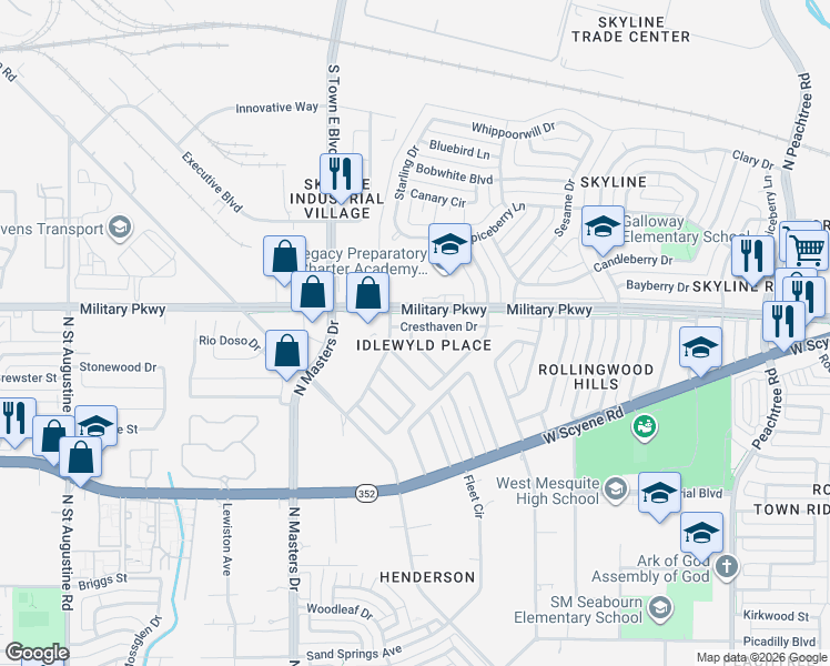 map of restaurants, bars, coffee shops, grocery stores, and more near 2829 Cresthaven Drive in Mesquite