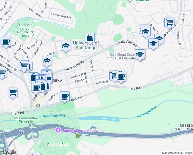 map of restaurants, bars, coffee shops, grocery stores, and more near 6055 Cirrus Street in San Diego