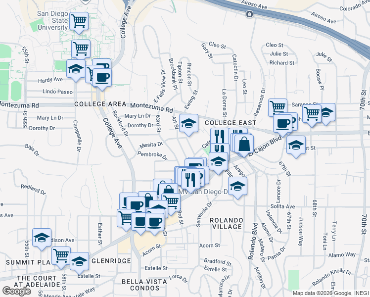 map of restaurants, bars, coffee shops, grocery stores, and more near 4944 Art Street in San Diego