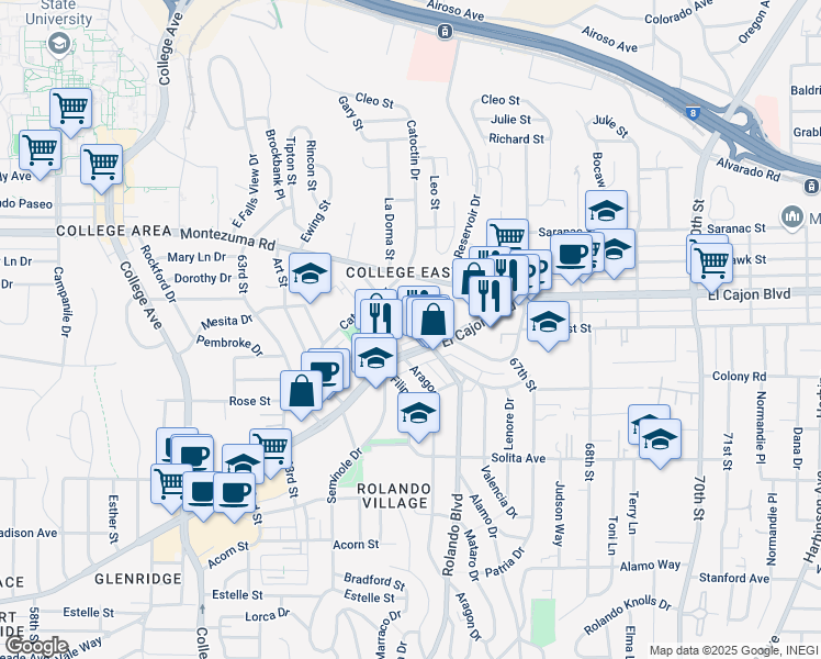 map of restaurants, bars, coffee shops, grocery stores, and more near in San Diego