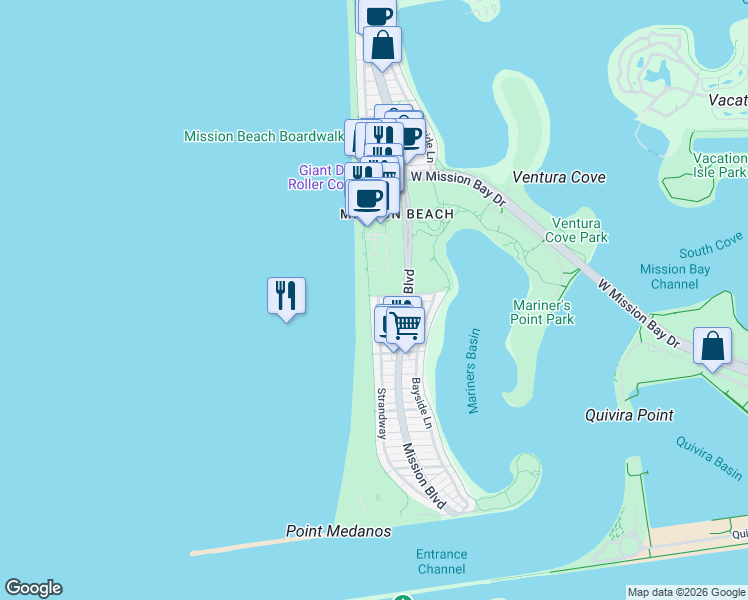 map of restaurants, bars, coffee shops, grocery stores, and more near 2999 Ocean Front Walk in San Diego