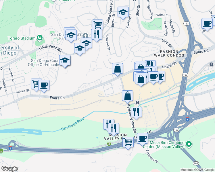 map of restaurants, bars, coffee shops, grocery stores, and more near 6717 Friars Road in San Diego