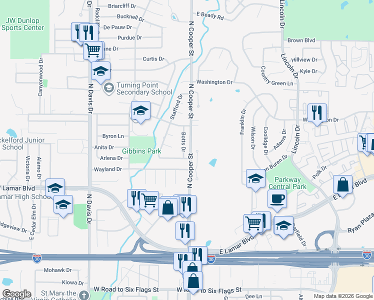 map of restaurants, bars, coffee shops, grocery stores, and more near 2005 Botts Drive in Arlington