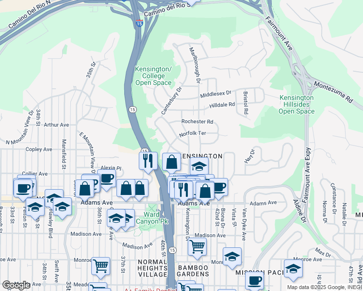 map of restaurants, bars, coffee shops, grocery stores, and more near 4918 Westminster Terrace in San Diego