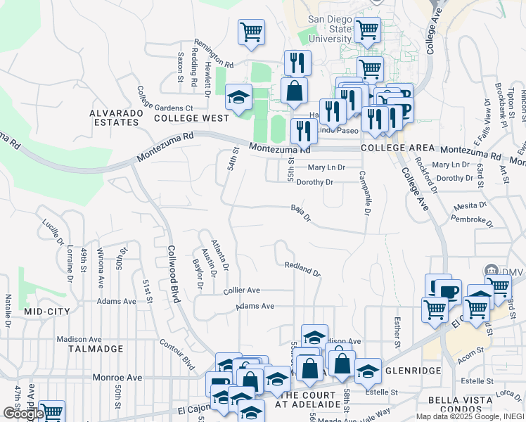 map of restaurants, bars, coffee shops, grocery stores, and more near 5461 Baja Drive in San Diego