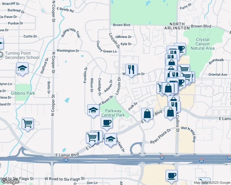 map of restaurants, bars, coffee shops, grocery stores, and more near 2101 Park Willow Lane in Arlington