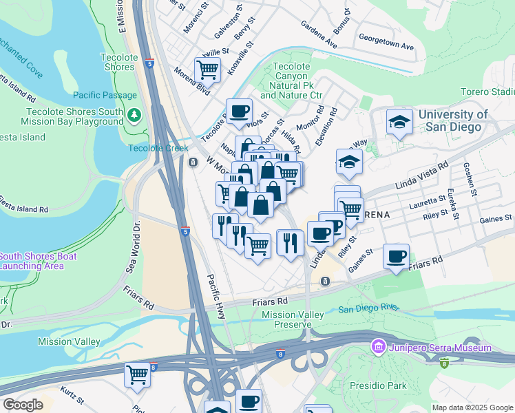 map of restaurants, bars, coffee shops, grocery stores, and more near 1098-1022 Cudahy Place in San Diego