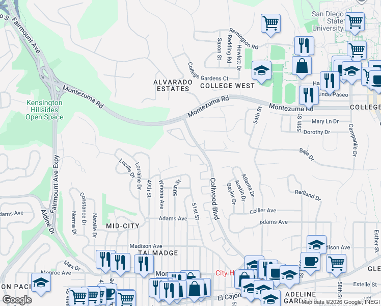 map of restaurants, bars, coffee shops, grocery stores, and more near 4622 Collwood Lane in San Diego