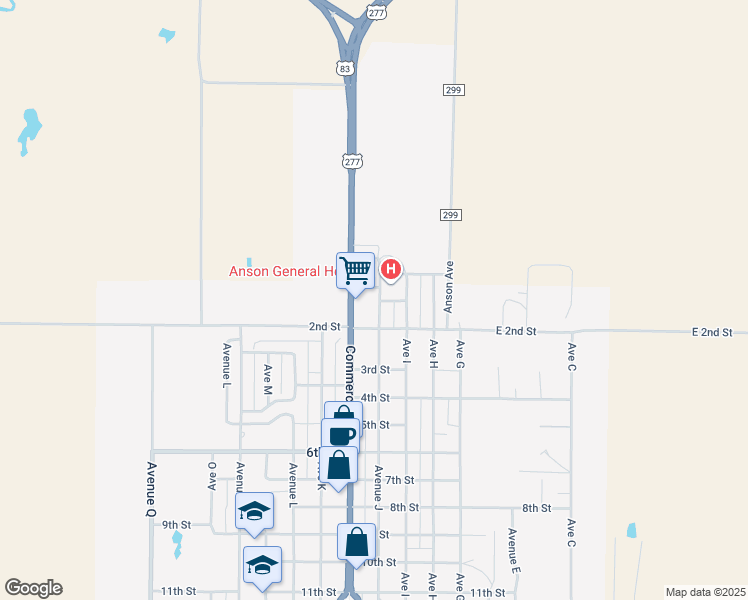 map of restaurants, bars, coffee shops, grocery stores, and more near 108 Avenue J in Anson