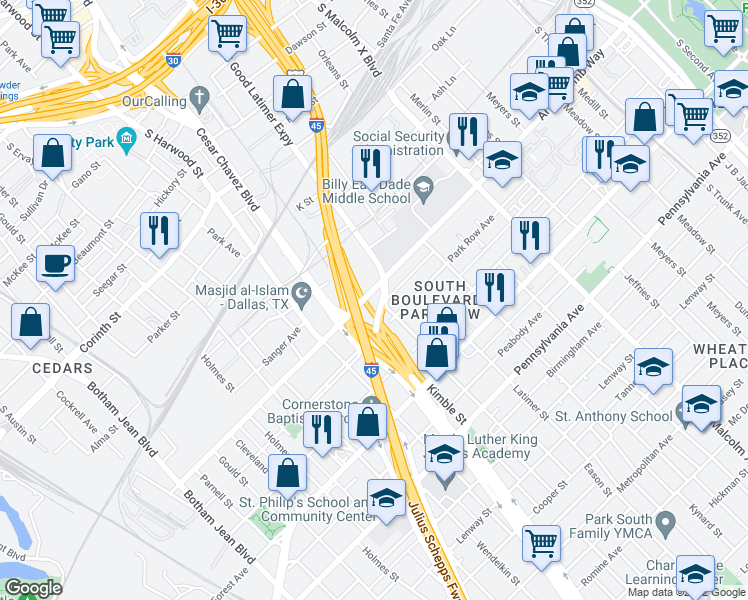 map of restaurants, bars, coffee shops, grocery stores, and more near 2312 Grand Avenue in Dallas