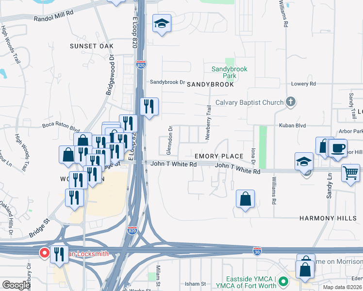 map of restaurants, bars, coffee shops, grocery stores, and more near 953 Newberry Trail in Fort Worth