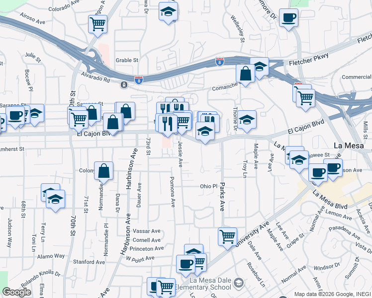 map of restaurants, bars, coffee shops, grocery stores, and more near 4841 Jessie Avenue in La Mesa