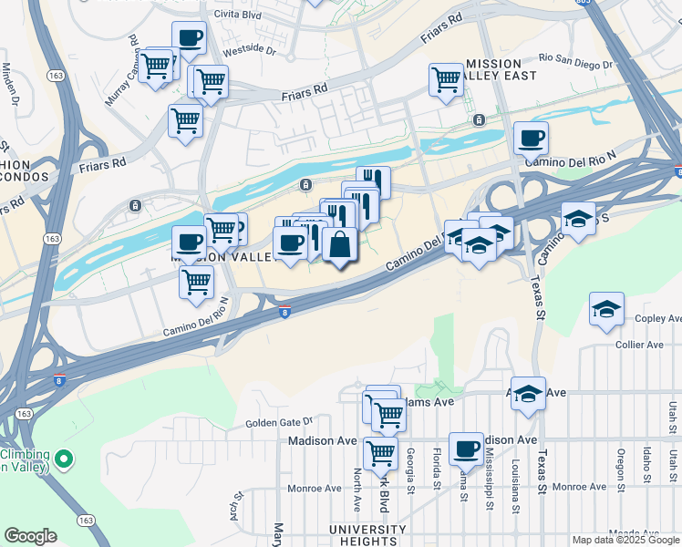 map of restaurants, bars, coffee shops, grocery stores, and more near 1640 Camino Del Rio North in San Diego