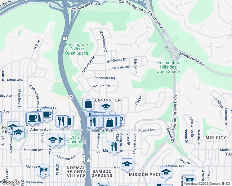 map of restaurants, bars, coffee shops, grocery stores, and more near 4137 Lymer Drive in San Diego