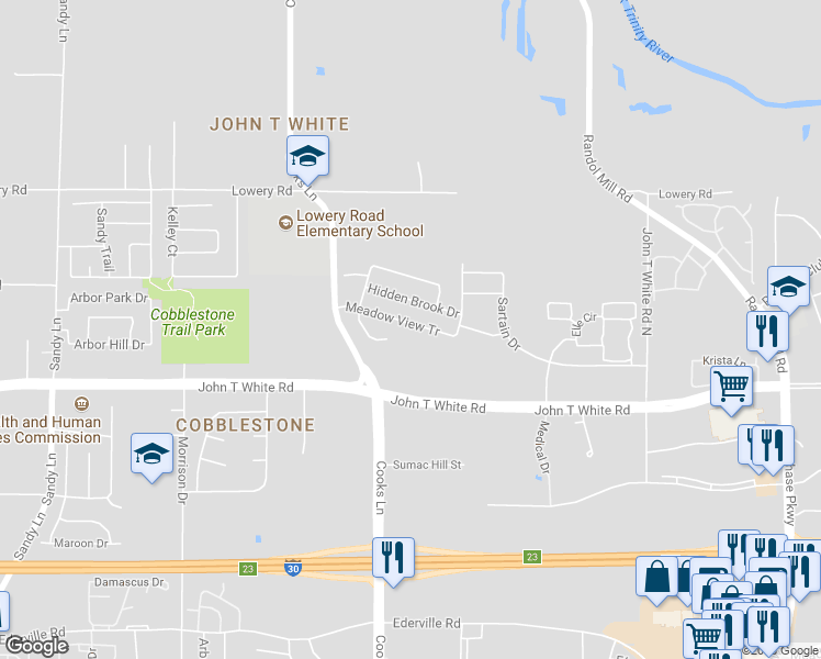 map of restaurants, bars, coffee shops, grocery stores, and more near 7952 Meadow View Tr in Fort Worth