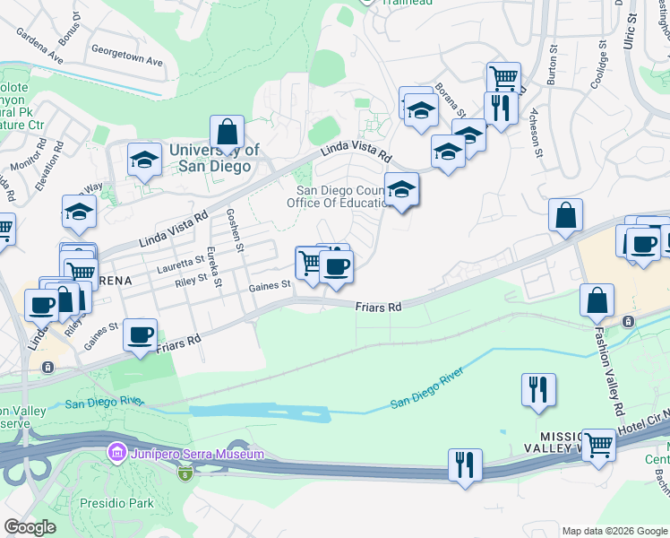 map of restaurants, bars, coffee shops, grocery stores, and more near 6365 Caminito Basilio in San Diego