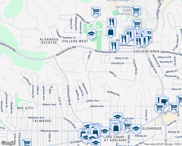 map of restaurants, bars, coffee shops, grocery stores, and more near 5407 Baja Drive in San Diego