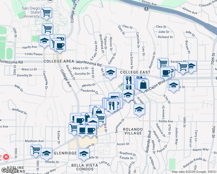 map of restaurants, bars, coffee shops, grocery stores, and more near 4944 Art Street in San Diego