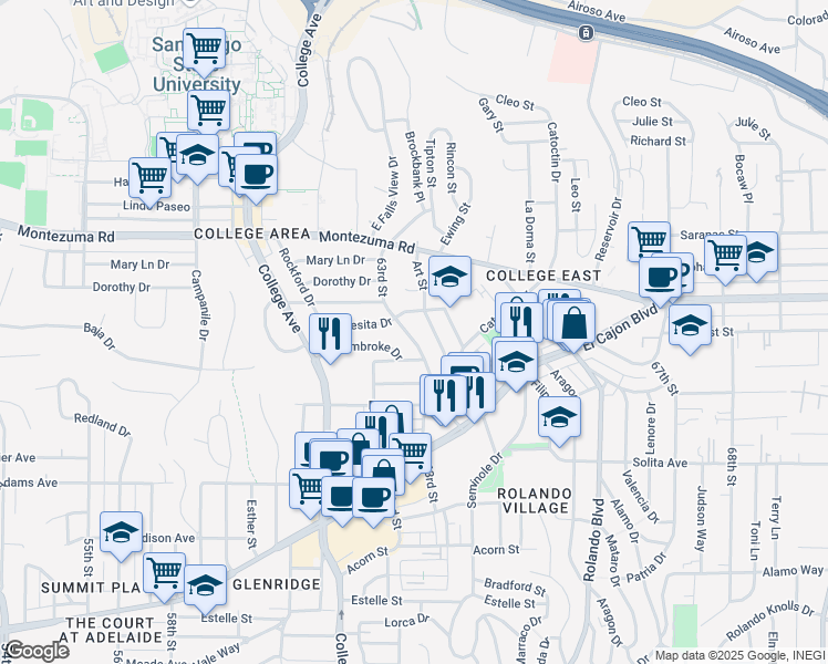 map of restaurants, bars, coffee shops, grocery stores, and more near 4933 63rd Street in San Diego