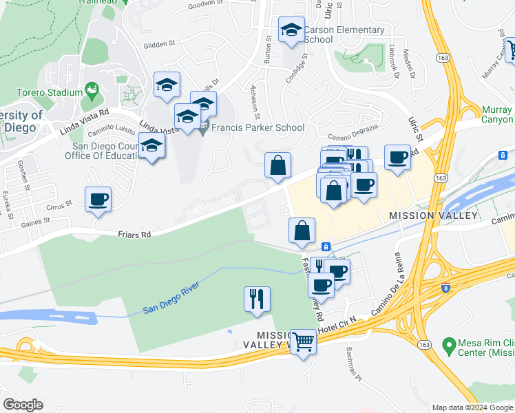 map of restaurants, bars, coffee shops, grocery stores, and more near 6717 Friars Road in San Diego