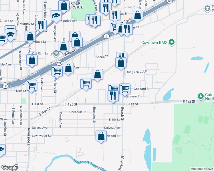 map of restaurants, bars, coffee shops, grocery stores, and more near 204 North De Costa Street in Fort Worth