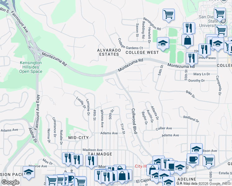 map of restaurants, bars, coffee shops, grocery stores, and more near 4616 Collwood Lane in San Diego