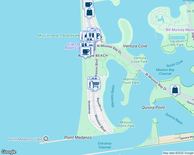 map of restaurants, bars, coffee shops, grocery stores, and more near 2999 Mission Boulevard in San Diego