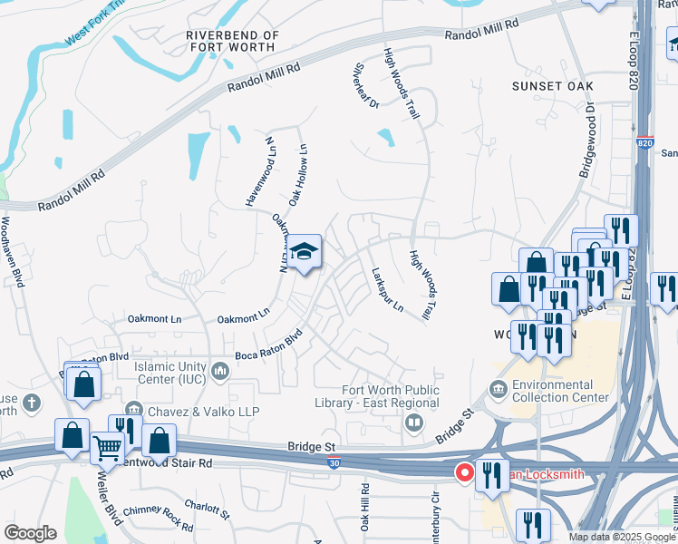 map of restaurants, bars, coffee shops, grocery stores, and more near 6004 Boca Raton Boulevard in Fort Worth