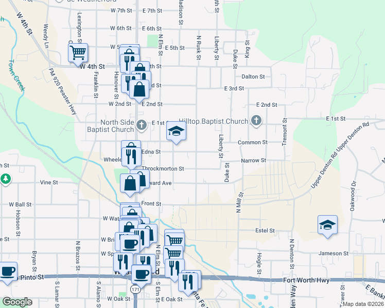 map of restaurants, bars, coffee shops, grocery stores, and more near 713 North Rusk Street in Weatherford