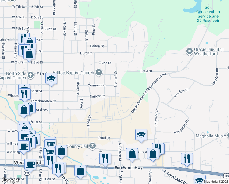 map of restaurants, bars, coffee shops, grocery stores, and more near 707 Tremont Street in Weatherford