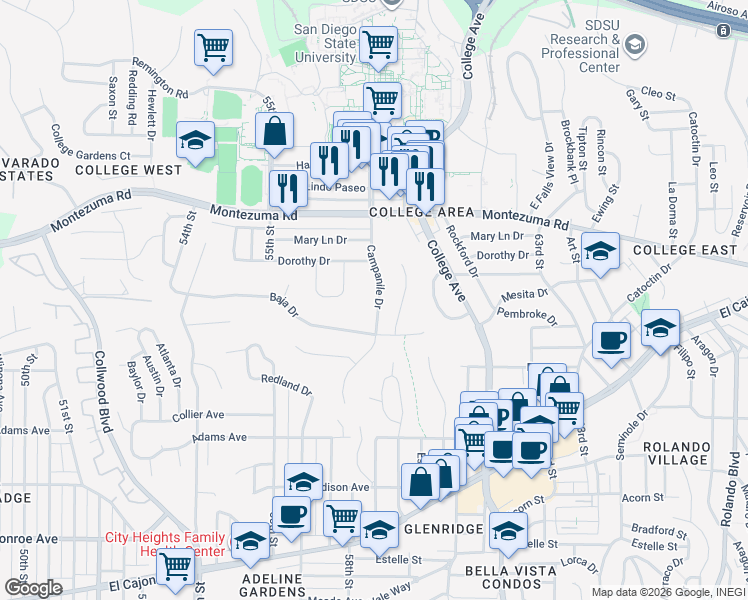 map of restaurants, bars, coffee shops, grocery stores, and more near 4960 Campanile Drive in San Diego
