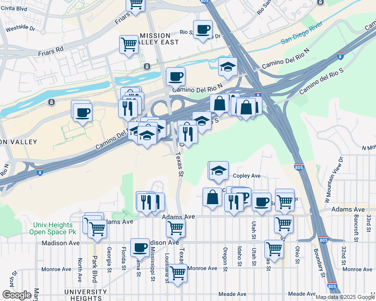 map of restaurants, bars, coffee shops, grocery stores, and more near 2401 Camino del Rio South in San Diego