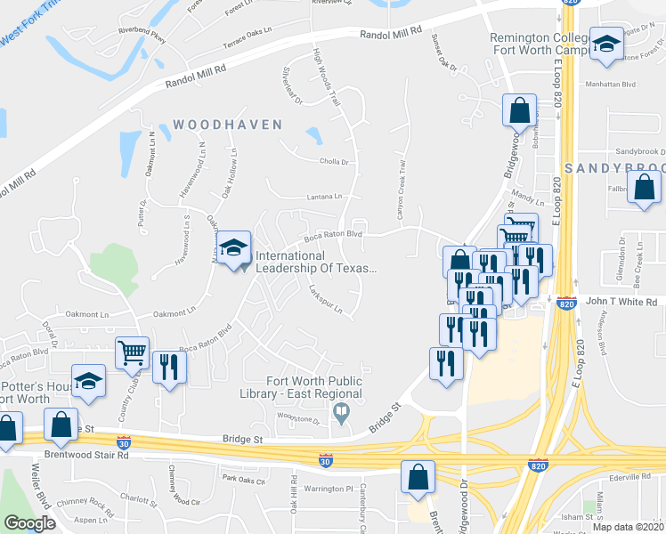 map of restaurants, bars, coffee shops, grocery stores, and more near 821 Firewheel Trail in Fort Worth