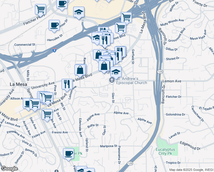 map of restaurants, bars, coffee shops, grocery stores, and more near 8677 Lemon Avenue in La Mesa
