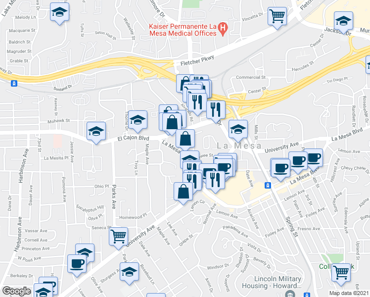 map of restaurants, bars, coffee shops, grocery stores, and more near 7856 La Mesa Boulevard in La Mesa